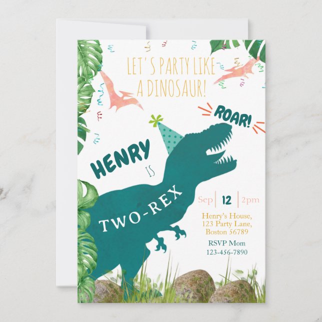 Dinosaur Birthday-inbjudan två Rex-inbjudan Inbjudningar (Framsida)