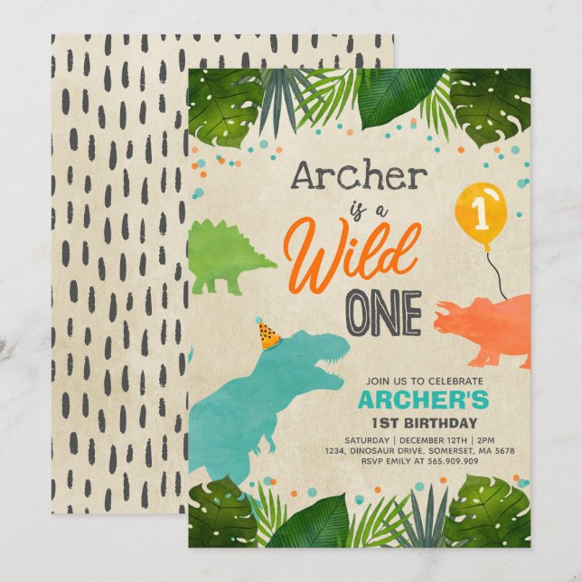 Dinosaur Birthday Inbjudan Vild 1 Dinosaur Party (Fram/baksida)