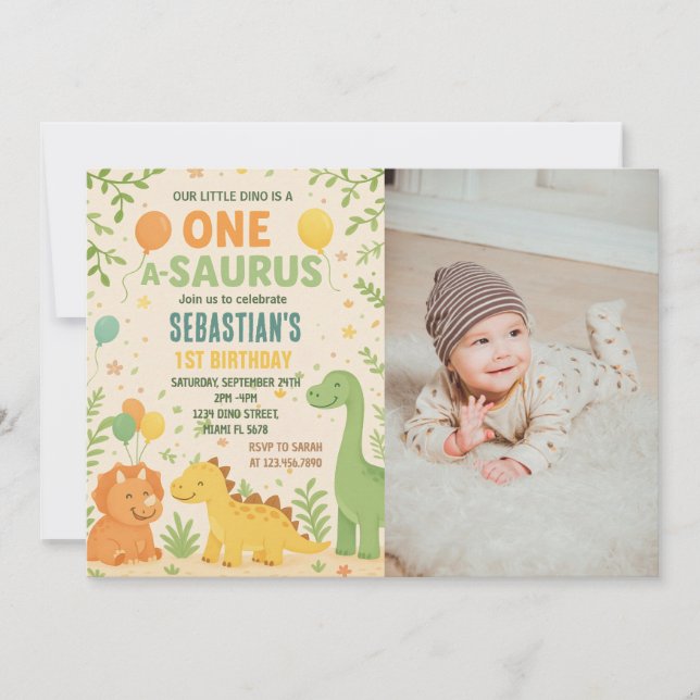 Dinosaur Birthday-inbjudningar med foto Julkort (Framsida)