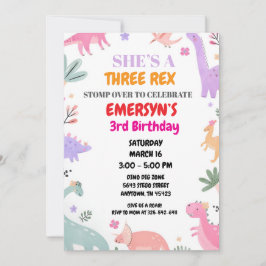 Dinosaur Birthday Invitation Girls Cute Three-Rex  Julkort