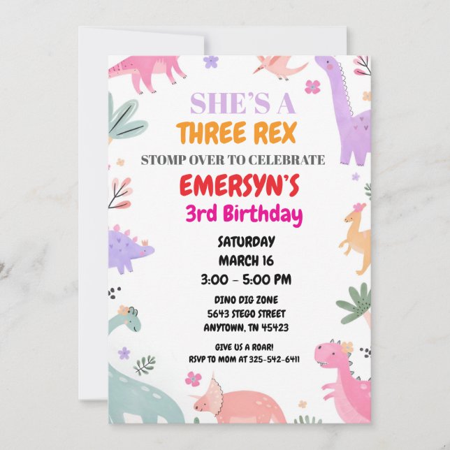 Dinosaur Birthday Invitation Girls Cute Three-Rex  Julkort (Framsida)