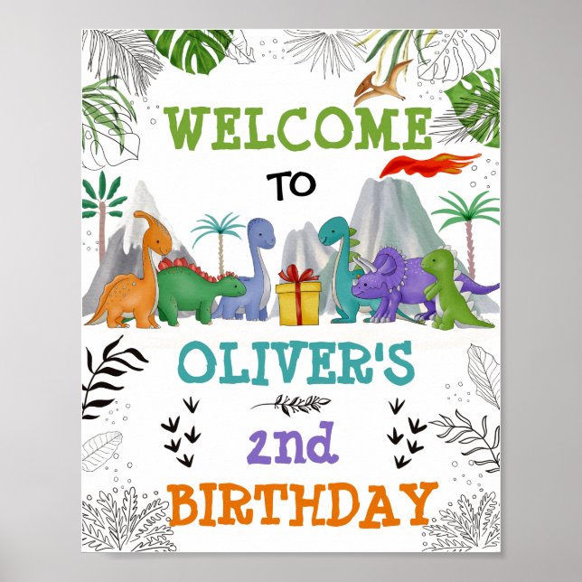 Dinosaur Birthday Jungle Löv Party Välkommen Poster (Framsidan)