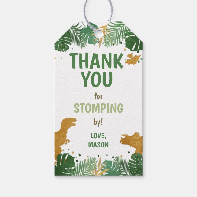 Dinosaur Birthday Labels Boy Dino Party Grönt Guld Presentetikett (Framsidan)