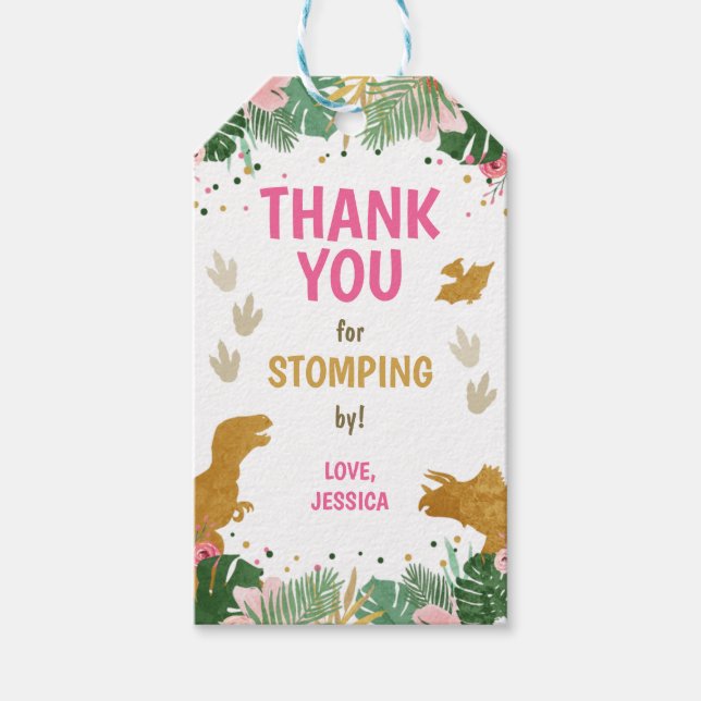 Dinosaur Birthday Labels Girl Dino Party Rosa Guld Presentetikett (Framsidan)
