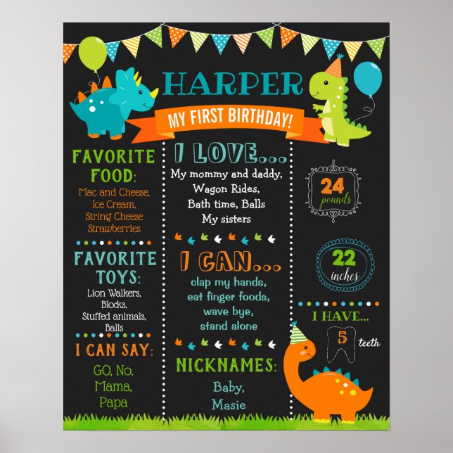 Dinosaur Birthday Milestone Sign Chalkboard Poster (Framsidan)