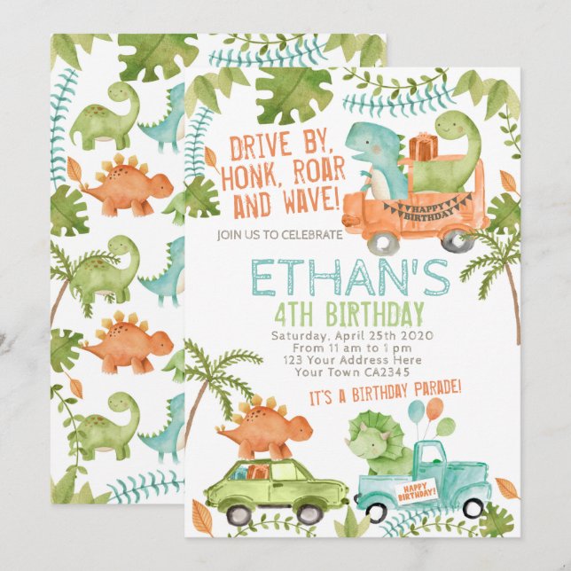 Dinosaur Birthday Parad Inbjudningar (Fram/baksida)