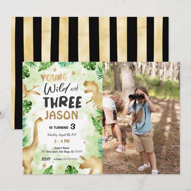 Dinosaur Birthday Photo Inbjudningar (Fram/baksida)