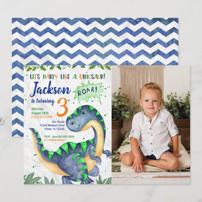 Dinosaur Birthday Photo Invitation for a Boy Inbjudningar (Fram/baksida)