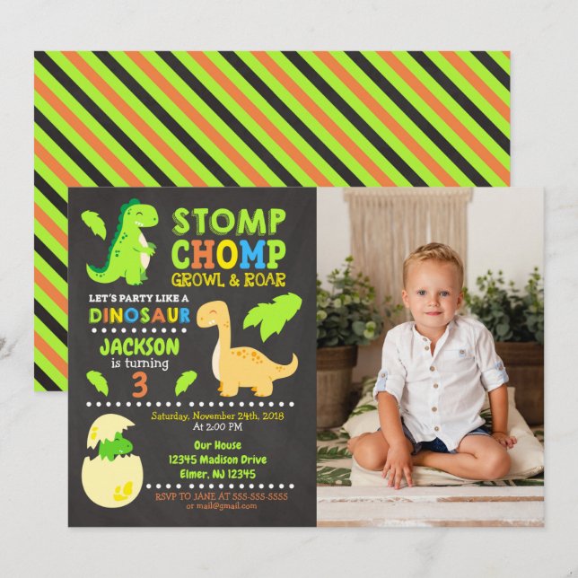 Dinosaur Birthday Photo Invitation for a Boy Inbjudningar (Fram/baksida)