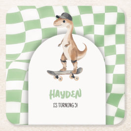 Dinosaur Birthday Retro T Rex Checkated Underlägg Papper Kvadrat