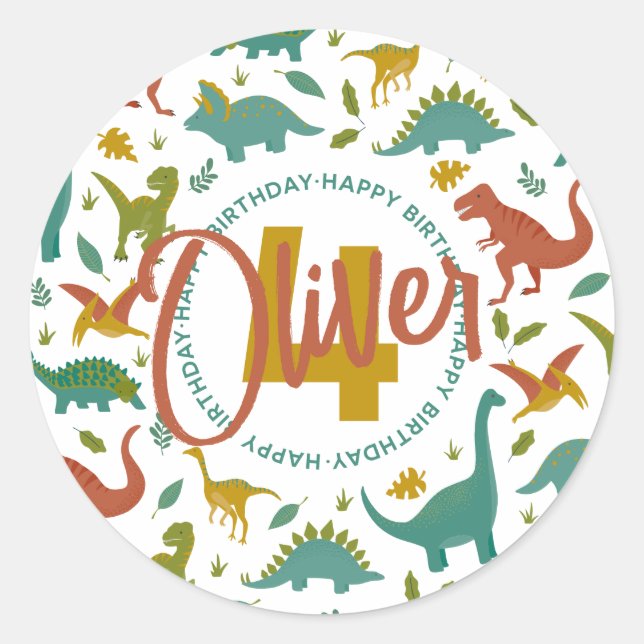 Dinosaur Birthday Runt Klistermärke (Framsida)