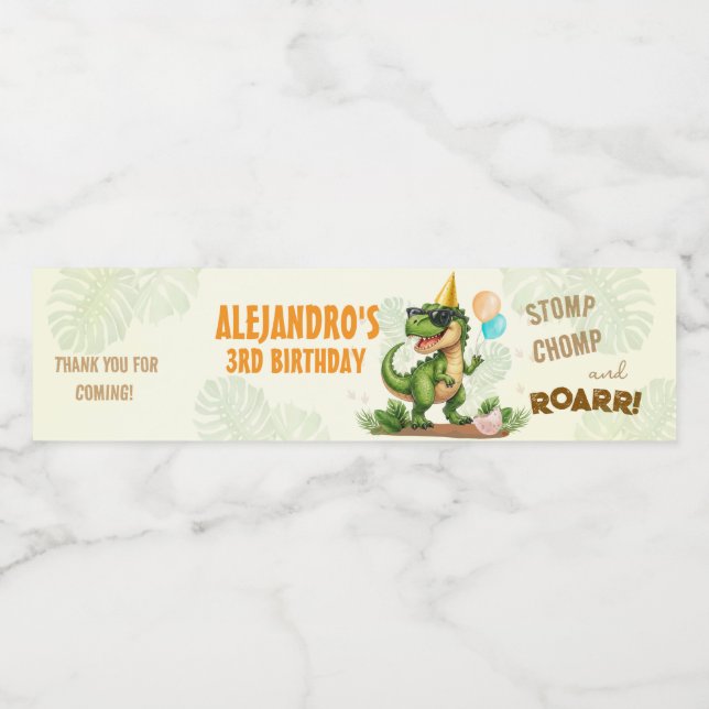 Dinosaur Birthday - Stomp Chomp Roar T-Rex Birthda Vattenflaskor Etikett (Singel etikett)