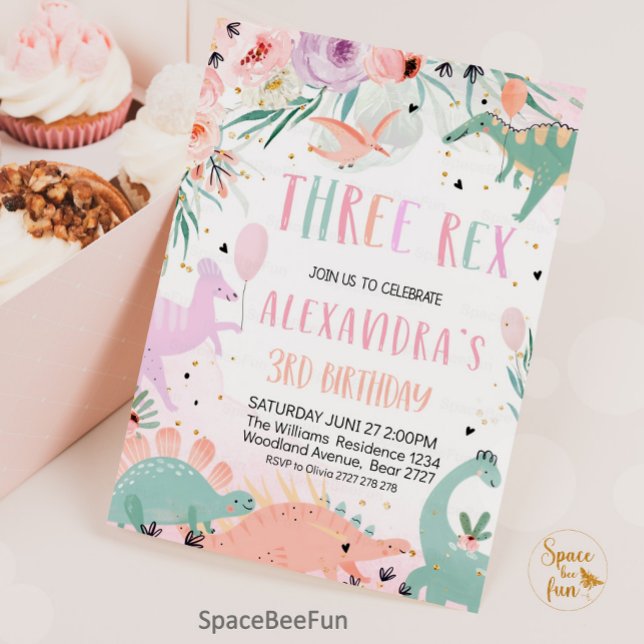 Dinosaur Birthday Three Rex Investigation Girl Din Inbjudningar (Dinosaur Birthday Three Rex Invitation Pink, Dinosaur Party invitation, Dino 3rd, Three rex birthday)