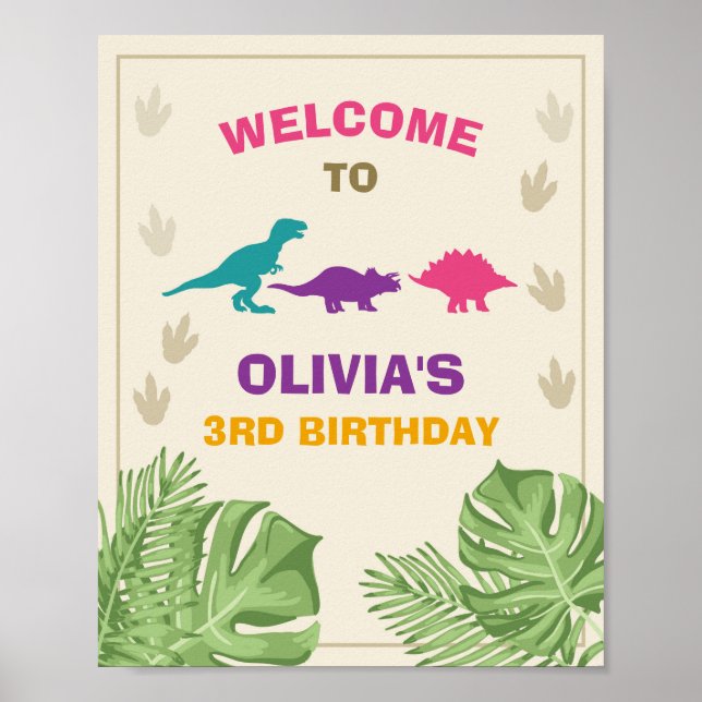 Dinosaur Birthday Välkomstskylt Girl Löv Party Poster (Framsidan)