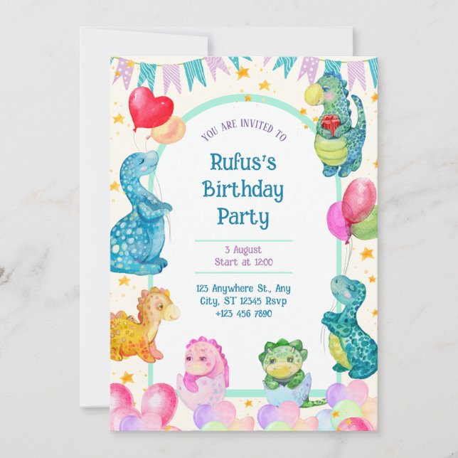 Dinosaur Birthday Watercolor-inbjudan Tack Kort (Framsida)
