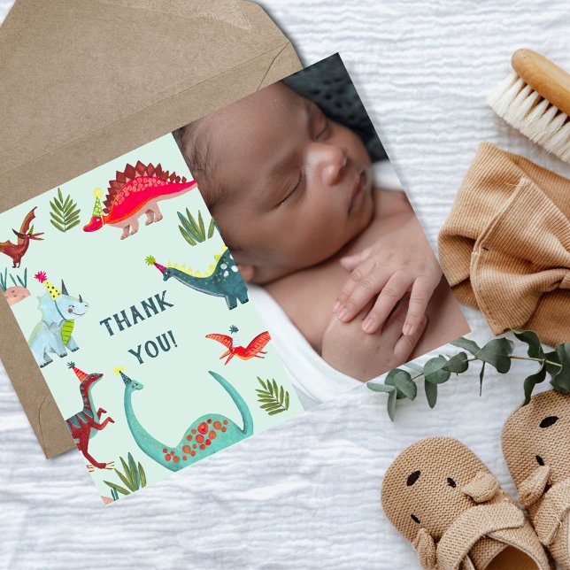 Dinosaur Blue boybabyduschfototack för ditt kort (Dinosaur blue boy babyshower photo thank you card)