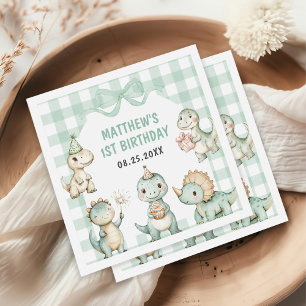 Dinosaur Blue Gingham 1st Birthday Party Pappersservett