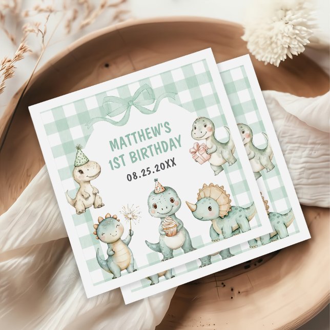 Dinosaur Blue Gingham 1st Birthday Party Pappersservett (Skapare uppladdad)