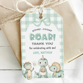 Dinosaur Blue Gingham 1st Birthday Party Presentetikett