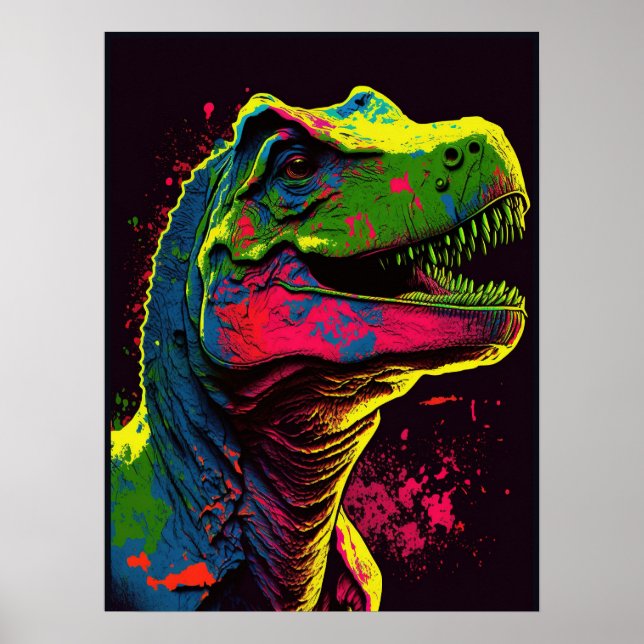 Dinosaur Blue T Rex Rosa och Grönt Kids Poster (Framsidan)