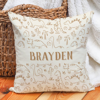 Dinosaur Boho Boy Name Dino Cute Beige Brown Tan Kudde