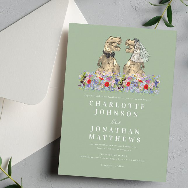 Dinosaur Boho Vildblomma Salvia Grön Bröllop Inbjudningar (Wildflower boho rustic Dinosaur sage green and white wedding invitation Fun T-Rex bride & groom dino)