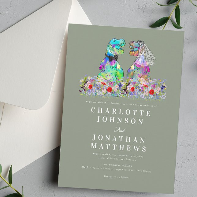 Dinosaur Boho Vildblomma Salvia Grön Bröllop Inbjudningar (Elegant Wildflower meadow boho rustic  Dinosaur sage green wedding invitation T-Rex bride & groom )