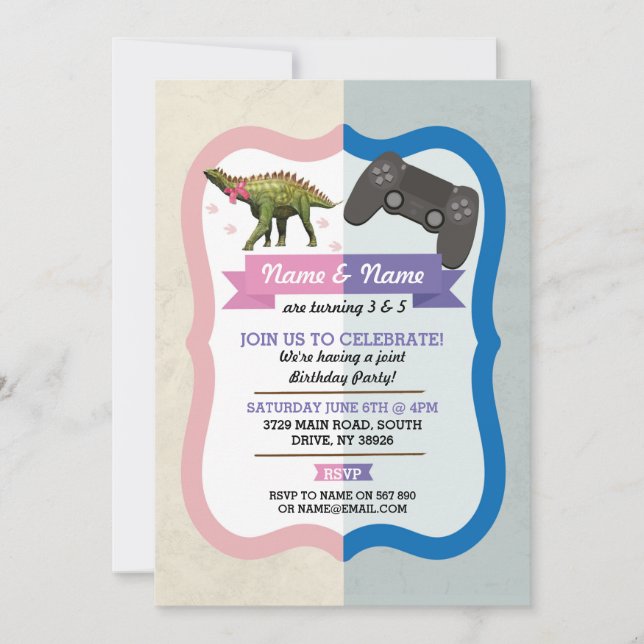 Dinosaur Bow & Gaming Joint Boy Girl Birday Inbjudningar (Framsida)