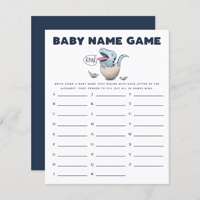 Dinosaur Boy Baby Namn Shower Game (Fram/baksida)