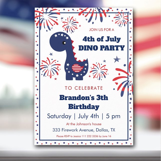 Dinosaur Boy Birthday Fireworks 4:e juli Party Inbjudningar (Dinosaur Boy Birthday Fireworks 4th of July Party Invitation)