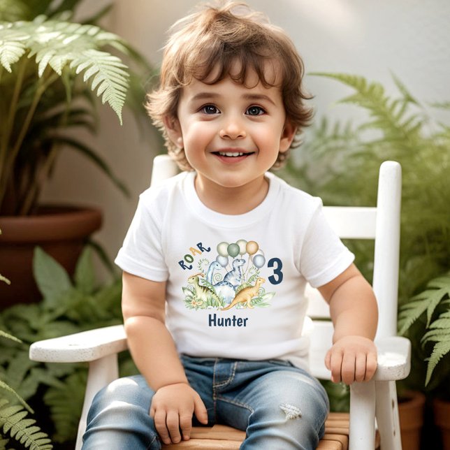 Dinosaur Boy Blue Grönt Namn 3:e födelsedagen T Shirt (Dinosaur Boy Blue Green Name 3rd Birthday Toddler T-shirt)