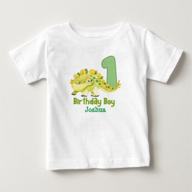 Dinosaur Boy First Birthday med Namn Baby T-Shirt (Framsida)