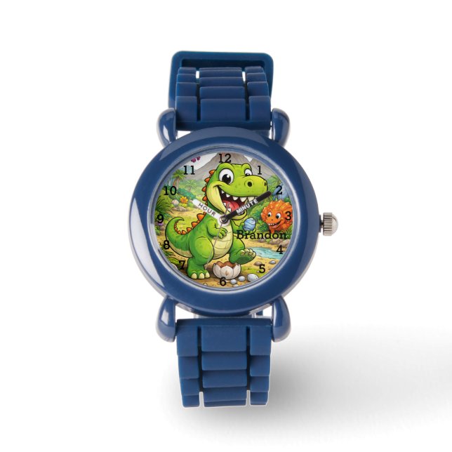 Dinosaur Boy Modern Green Trex Custom Name Kids Armbandsur (Framsida)