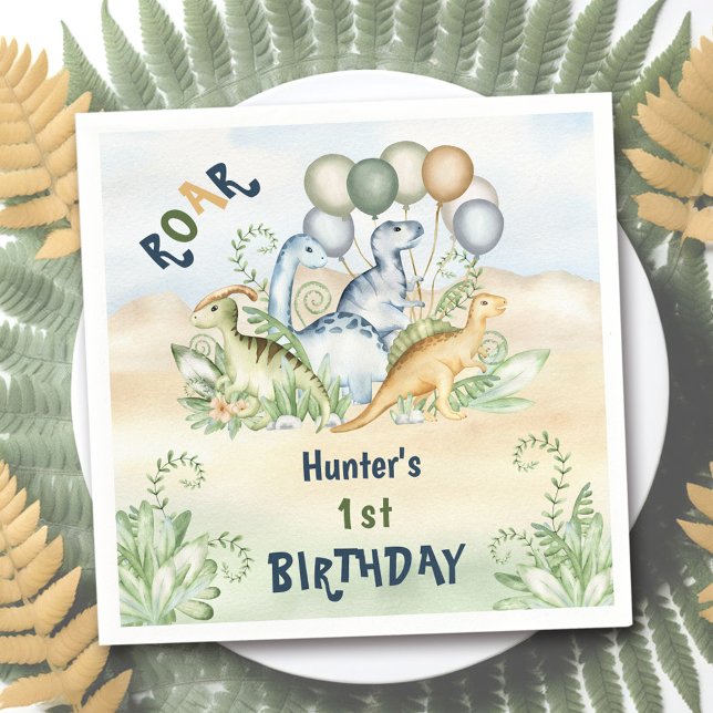 Dinosaur Boy Pastel Blue Grönt 1:a födelsedagen Pappersservett (Dinosaur Boy Pastel Blue Green 1st Birthday Napkins)
