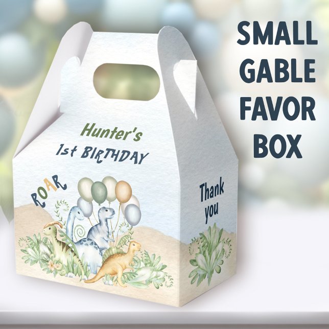 Dinosaur Boy Pastel Blue Grönt 1:a födelsedagen Presentaskar (Dinosaur Boy Small Gable Favor Boxes - You can choose from 3 sizes of these gable favor boxes)