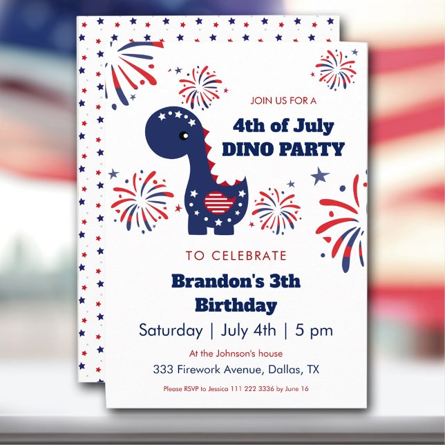 Dinosaur Boy Patriotic Fireworks 4:e juli Party Inbjudningar (Dinosaur Boy Patriotic Fireworks 4th of July Party Invitation)