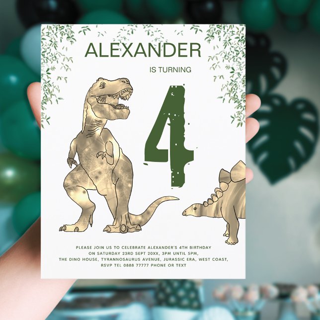 Dinosaur Boys 4e födelsedagen Party budget (Dinosaur jungle T-Rex and stegosaurus 4th birthday party budget invitation green and brown)
