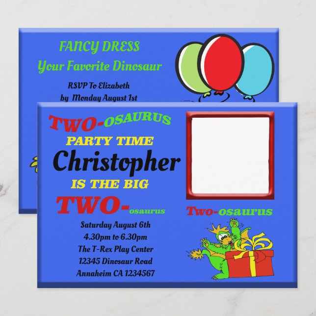 Dinosaur Boys Blue Two osaurus 2:a födelsedag Inbjudningar (Fram/baksida)