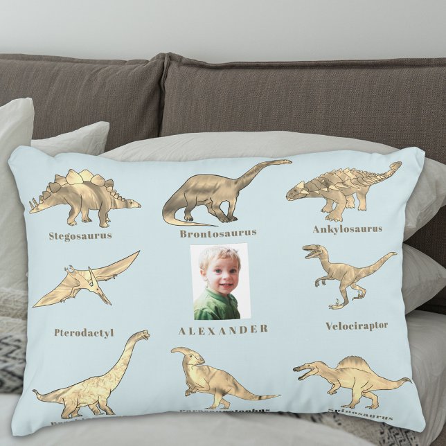 Dinosaur Boys Personlig Namn och Photo Blue Prydnadskudde (Boys dinosaur personalized photo blue pillow educational dinos with their names spelling fun design)