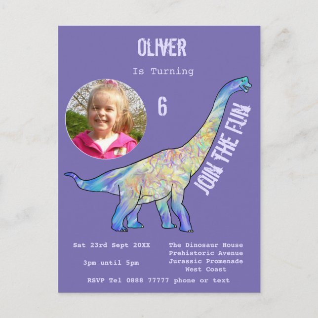 Dinosaur Brachiosaurus Girls Birthday Lila Photo Inbjudan Vykort (Framsida)