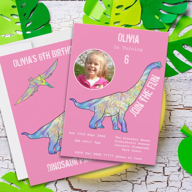 Dinosaur Brachiosaurus Girls Birthday Rosa Photo (Dinosaur brachiosaurus girls pink birthday party invitation with photo template)