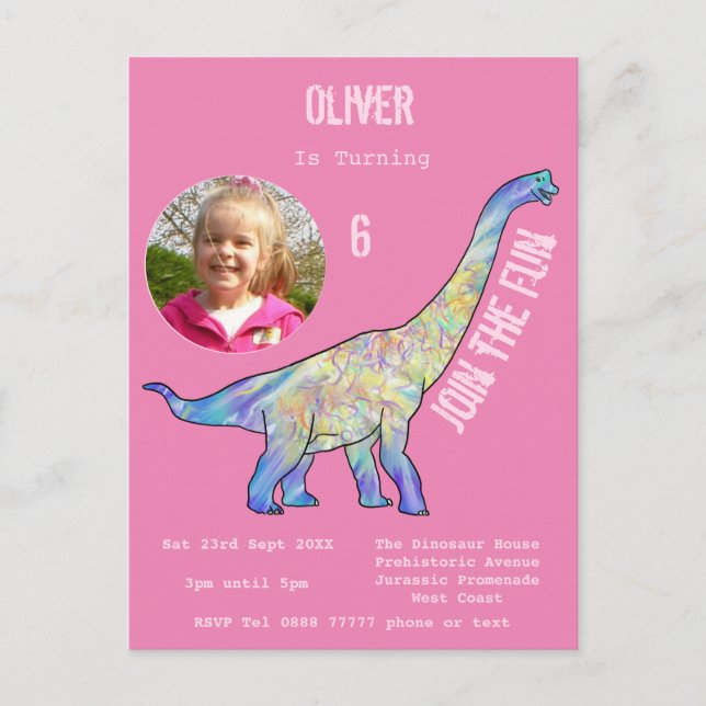 Dinosaur Brachiosaurus Girls Birthday Rosa Photo Inbjudan Vykort (Framsida)