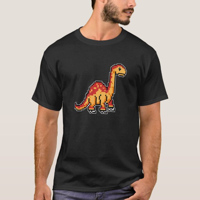 Dinosaur Brachiosaurus Pixel Retro Gaming Stil T Shirt (Framsida)