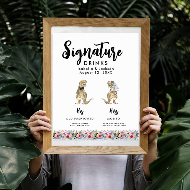 Dinosaur Bride and Groom Bröllop Namnteckning dryc Poster (Fun Dinosaur bride and groom signature drinks wedding bar menu poster)