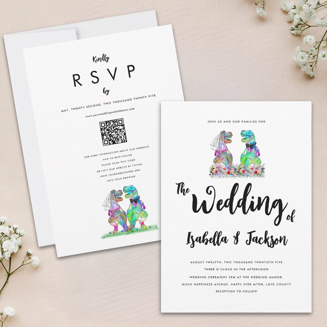 Dinosaur Bride och Groom Boho Wildblomma Bröllop Inbjudningar (Fun dinosaur bride and groom boho wildflower wedding invitation qr code colorful watercolor florals)