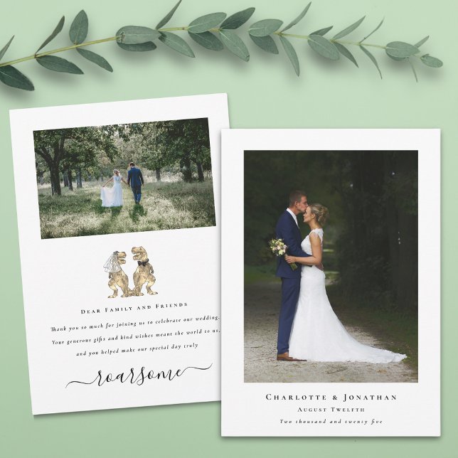 Dinosaur Bride och Groom Bröllop Photo Tack (Dinosaur wedding photo thank you card 2 photograph Funny T-Rex bride and groom elegant modern script)