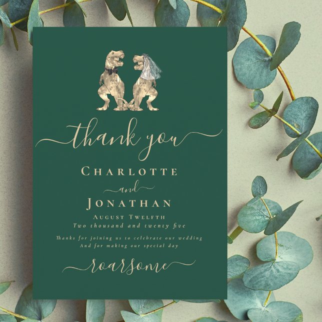 Dinosaur Bride och Groom Bröllop Tack Kort (Dinosaur wedding dark green elegant modern thank you card fun T-Rex dino bride and groom)