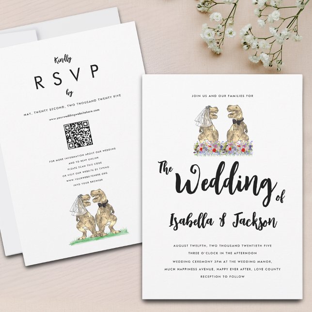 Dinosaur Bride och Groom Wildblomma Bröllop Inbjudningar (Fun T-Rex bride and groom wildflower boho dinosaur Jurassic wedding qr code invitation )