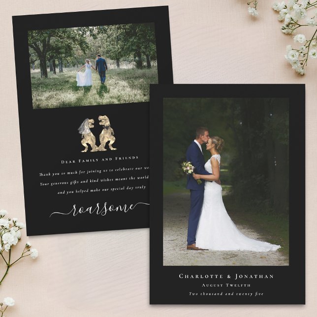Dinosaur Bröllop 2 Foto Tack Svart och Vitt Kort (Dinosaur theme 2 photo thank you black and white modern elegant card fun T-Rex dino bride and groom)