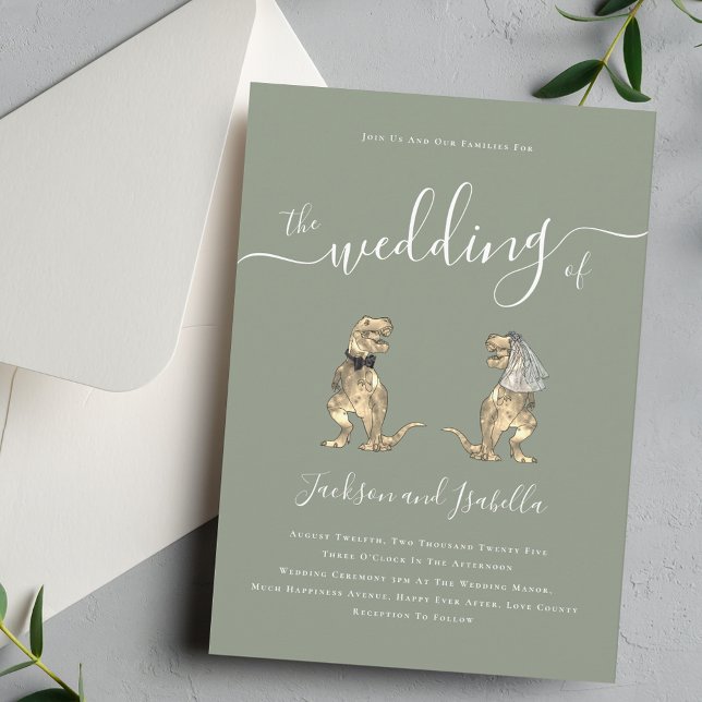 Dinosaur Bröllop Boho Sagegrön Inbjudningar (Whimsical boho Dinosaur T-Rex bride and groom elegant sage green wedding invitation )